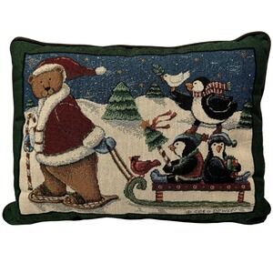 Christmas Tapestry Pillow Santa Bear Pulling Sled of Penguin Vintage Coco Dowley